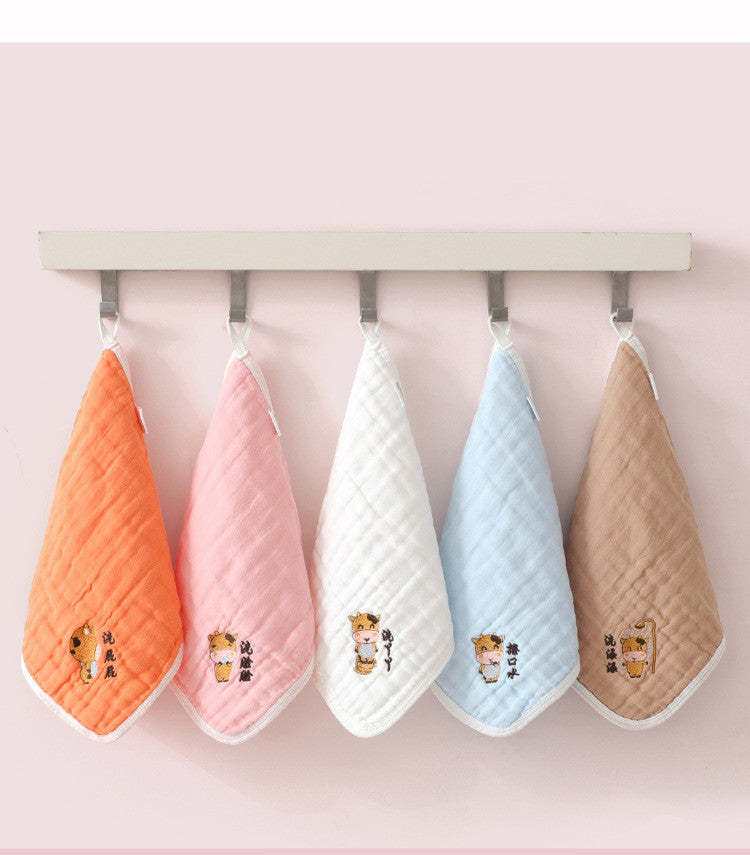 5-Pack Cotton Embroidery Square Scarf Cartoon 6-Layer Gauze Baby Edging Handkerchief Baby Nursery Saliva Towel