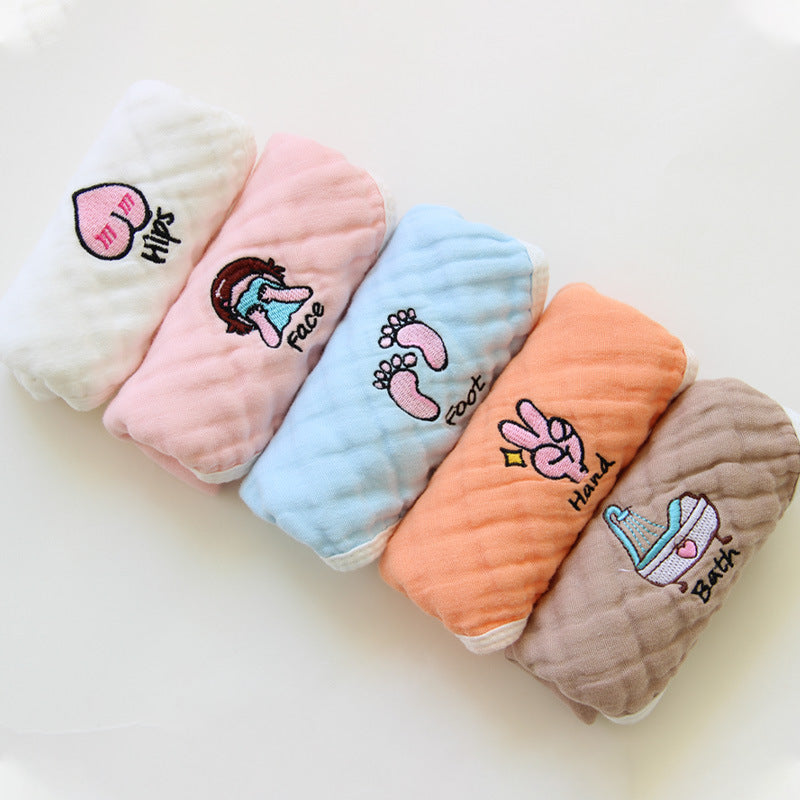 5-Pack Cotton Embroidery Square Scarf Cartoon 6-Layer Gauze Baby Edging Handkerchief Baby Nursery Saliva Towel