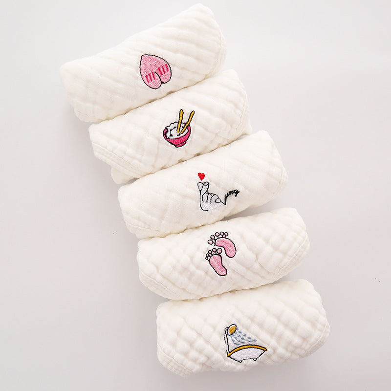 5-Pack Cotton Embroidery Square Scarf Cartoon 6-Layer Gauze Baby Edging Handkerchief Baby Nursery Saliva Towel
