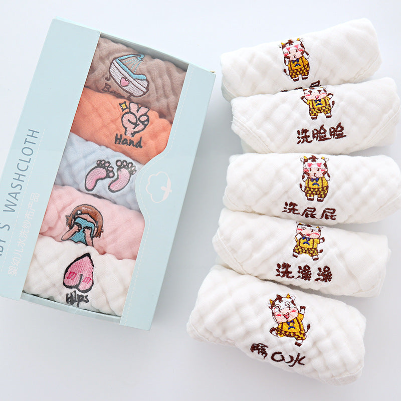 5-Pack Cotton Embroidery Square Scarf Cartoon 6-Layer Gauze Baby Edging Handkerchief Baby Nursery Saliva Towel